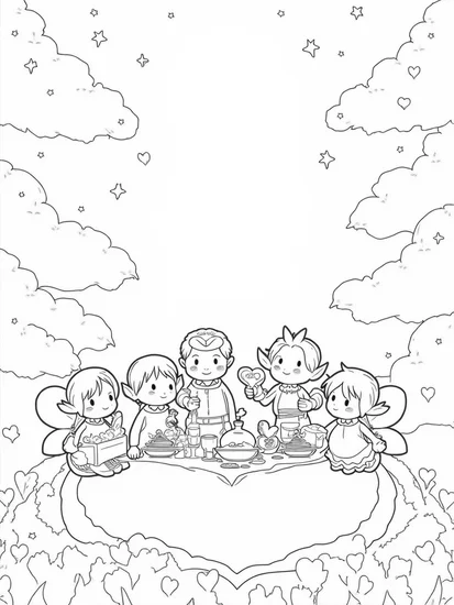 A coloring page of Fairies and elves picnic in the sky