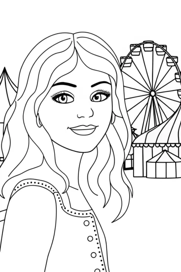 A coloring page of Lucy at the carnival