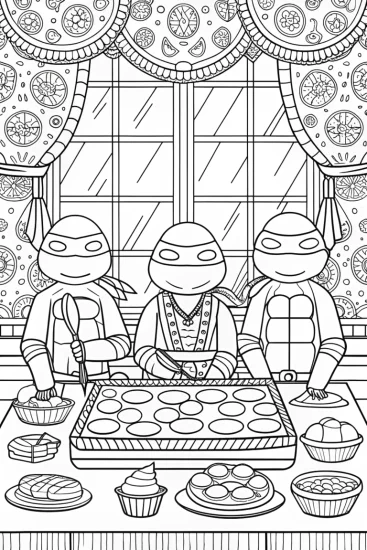 A coloring page of Ninja Turtles baking competition