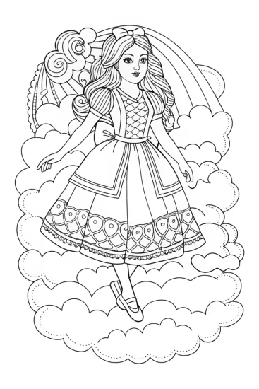 A coloring page of Alice floating on a cloud