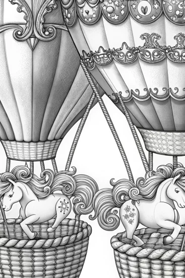 A coloring page of Unicorns in hot air balloons