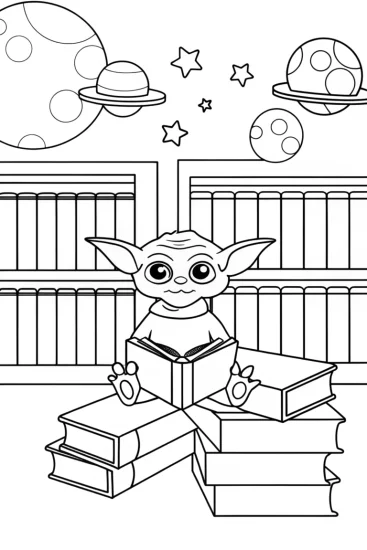 A coloring page of Baby Yoda in a cosmic library