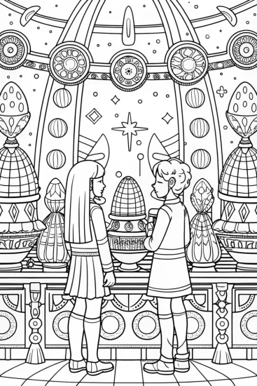 A coloring page of Rainbow High students at space bazaar