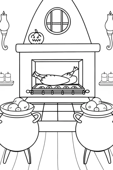 A coloring page of Turkey baking in a magical kitchen