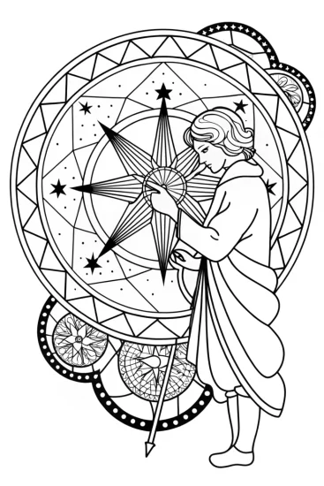A coloring page of Champion crafting a celestial map