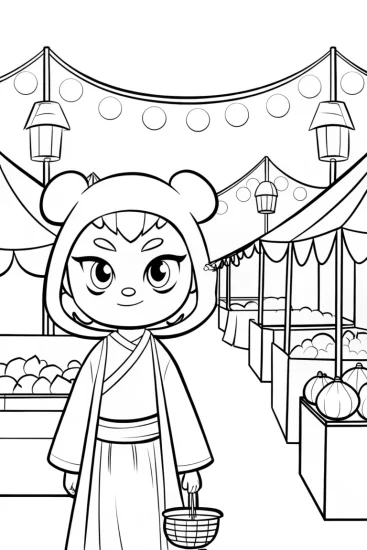A coloring page of Kuromi at the night market