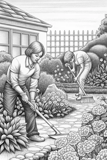 A coloring page of League of Legends champions gardening