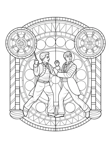A coloring page of Steve and Alex time traveling