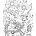 Gnomes gardening in a whimsical garden