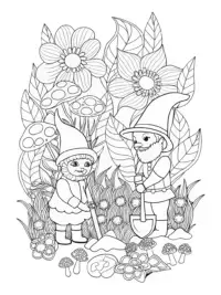 Gnomes gardening in a whimsical garden