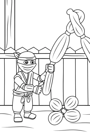 A coloring page of Ninja creating balloon animals