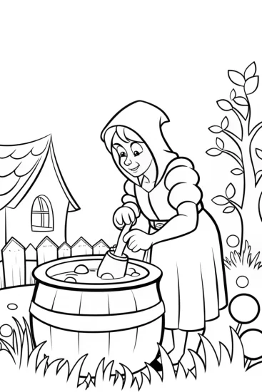 A coloring page of Banban making potions in the garden