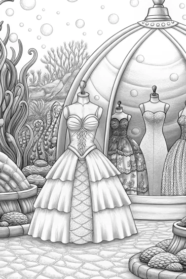 A coloring page of Little Mermaid underwater fashion bazaar