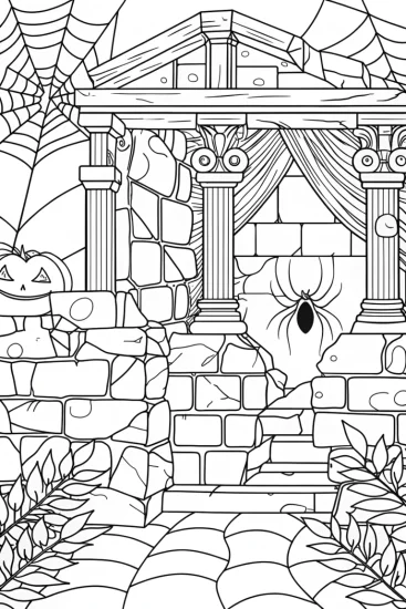 A coloring page of Spider exploring ancient ruins