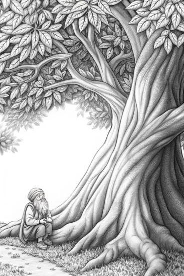 A coloring page of Gnome seeking wisdom from tree