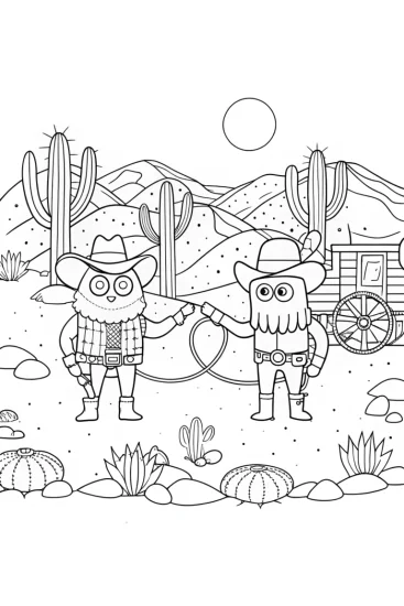 A coloring page of Bluey and Bingo’s Wild West Showdown