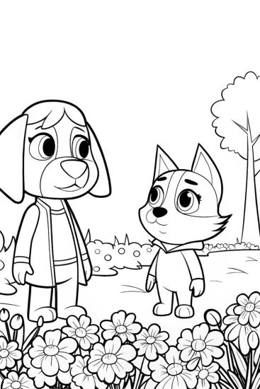A coloring page of Bluey and Bingo’s garden adventure