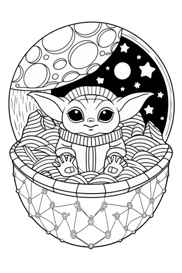 A coloring page of Baby Yoda building on an asteroid