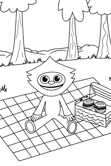 A coloring page of Huggy Wuggy picnic scene