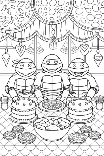 A coloring page of Ninja Turtles baking show scene