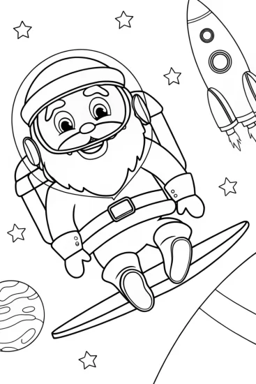 A coloring page of Santa Claus space adventure