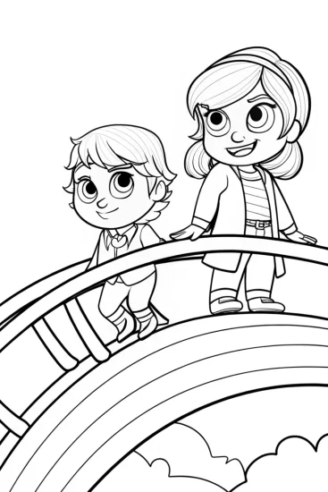 A coloring page of Steve and Alex on the rainbow bridge