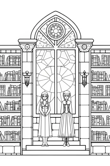 A coloring page of Anime guardians in a magical library