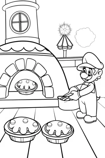 A coloring page of Mario baking in a magical bakery