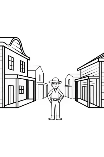 A coloring page of Blippi in a Wild West town