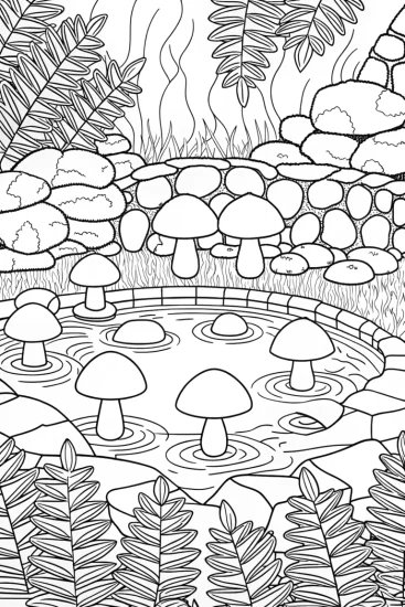 A coloring page of Mushrooms in a hot springs retreat