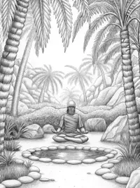 Ninja meditating in an oasis