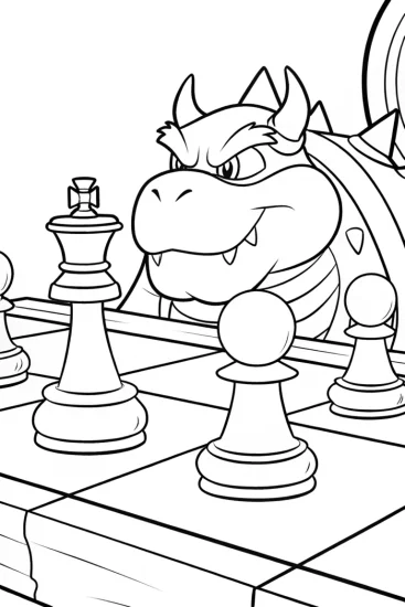 A coloring page of Bowser at a magical chess tournament