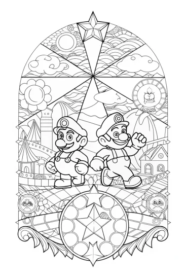 A coloring page of Mario and Luigi racing through history