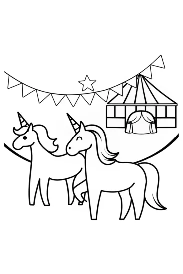 A coloring page of Unicorns at the celestial science fair