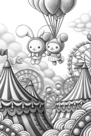 A coloring page of Cinnamoroll’s floating circus