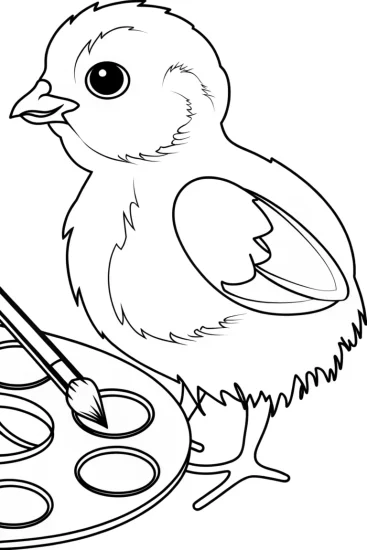 A coloring page of Chick on a colorful palette