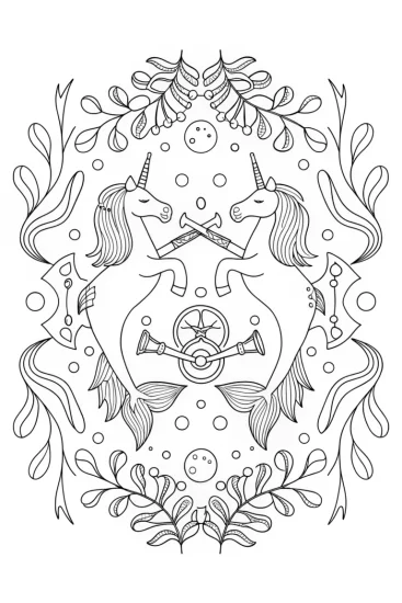 A coloring page of Unicorns in an underwater orchestra