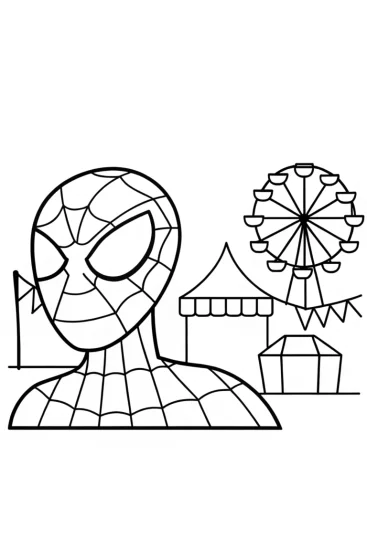 A coloring page of Spider-Man at the amusement park