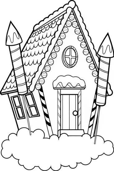 A coloring page of Gingerbread house launching candy rockets