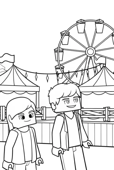 A coloring page of Minecraft characters at a fair