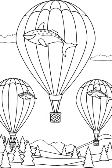 A coloring page of Shark hot air balloon race