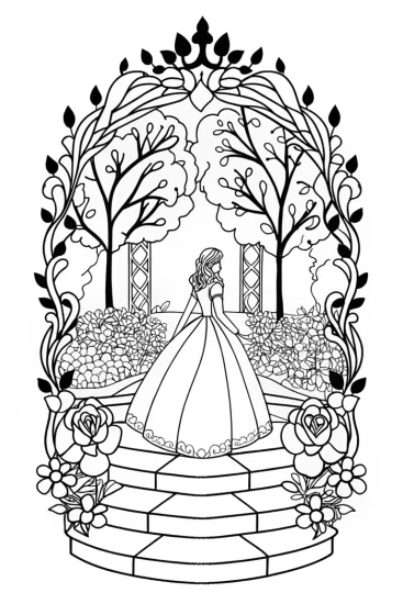 A coloring page of Belle exploring the Beast’s garden