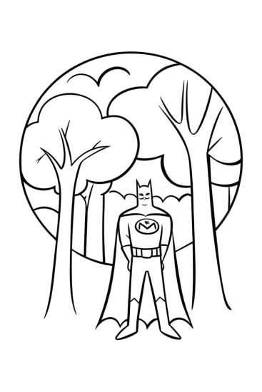 A coloring page of Batman in the enchanted forest