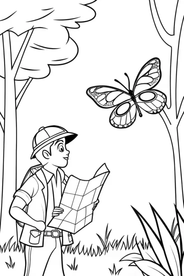 A coloring page of Butterfly cartographer mapping a forest