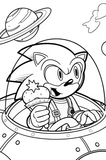 A coloring page of Sonic making ice cream in space