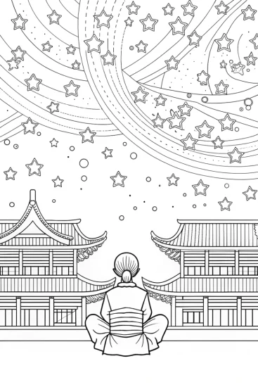 A coloring page of Ninja gazing at the night sky