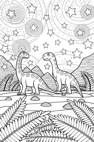 A coloring page of Dinosaurs observing the stars