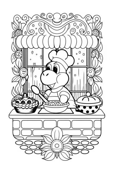 A coloring page of Yoshi flying chef cooking