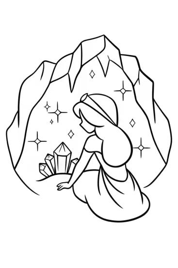 A coloring page of Jasmine exploring a crystal cavern