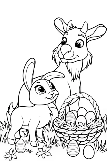 A coloring page of Bunny and goat Easter egg hunt